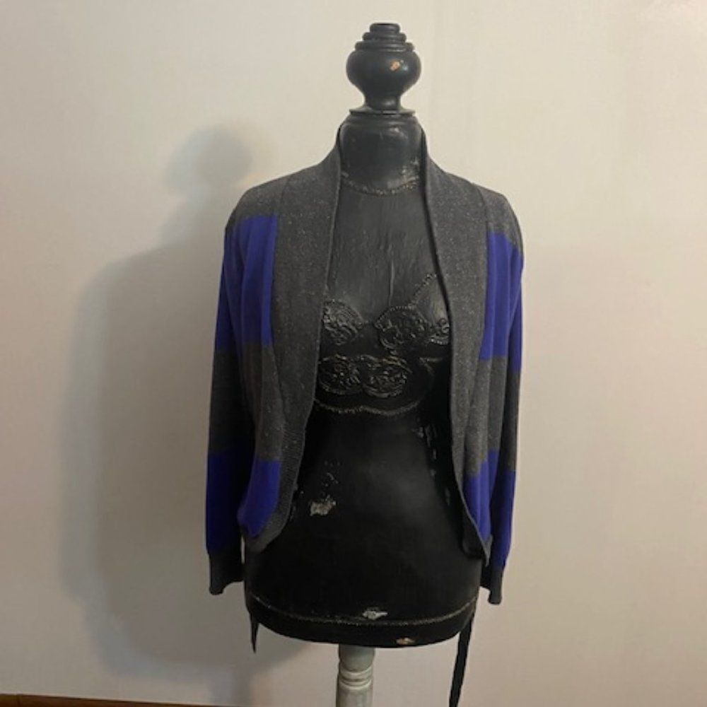 Chadwick's Gray/Blue Stripe open cardigan with belt, size L